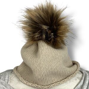 Gelso Bianca Tan Cashmere Wool Blend Beanie Winter Hat Pom Pom